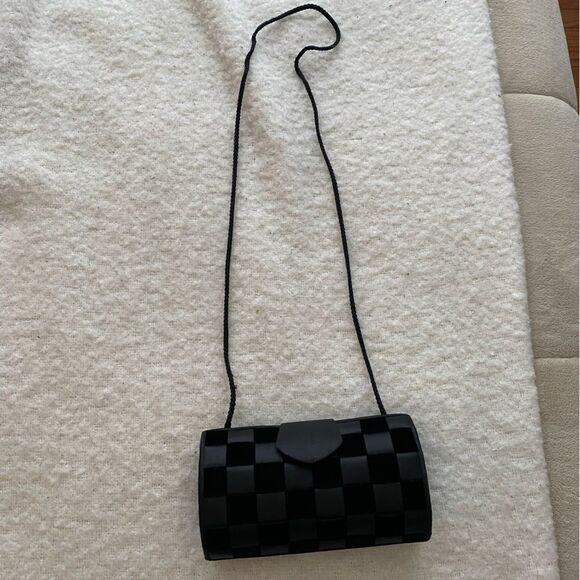 Vintage Black Checkered Velvet and Satin Crossbody Shoulder Bag - Picture 3 of 9
